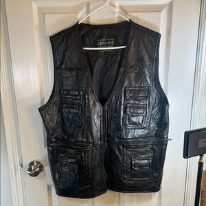 Black Leather Vest with Multiple Pockets